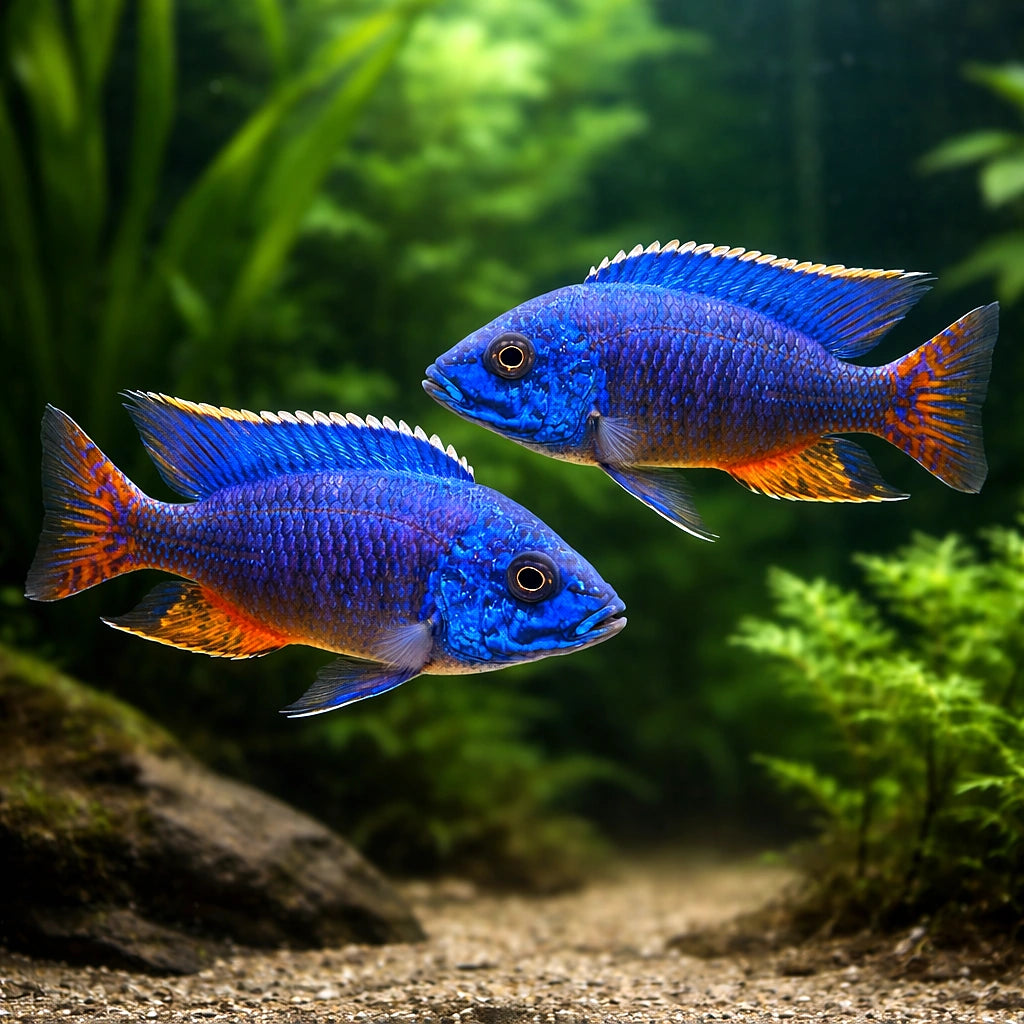 Flametail Peacock Cichlid (Aulonocara stuartgranti "Ngara") - UK (Aulonocara stuartgranti) — Bright Flametail Peacock — pair…
