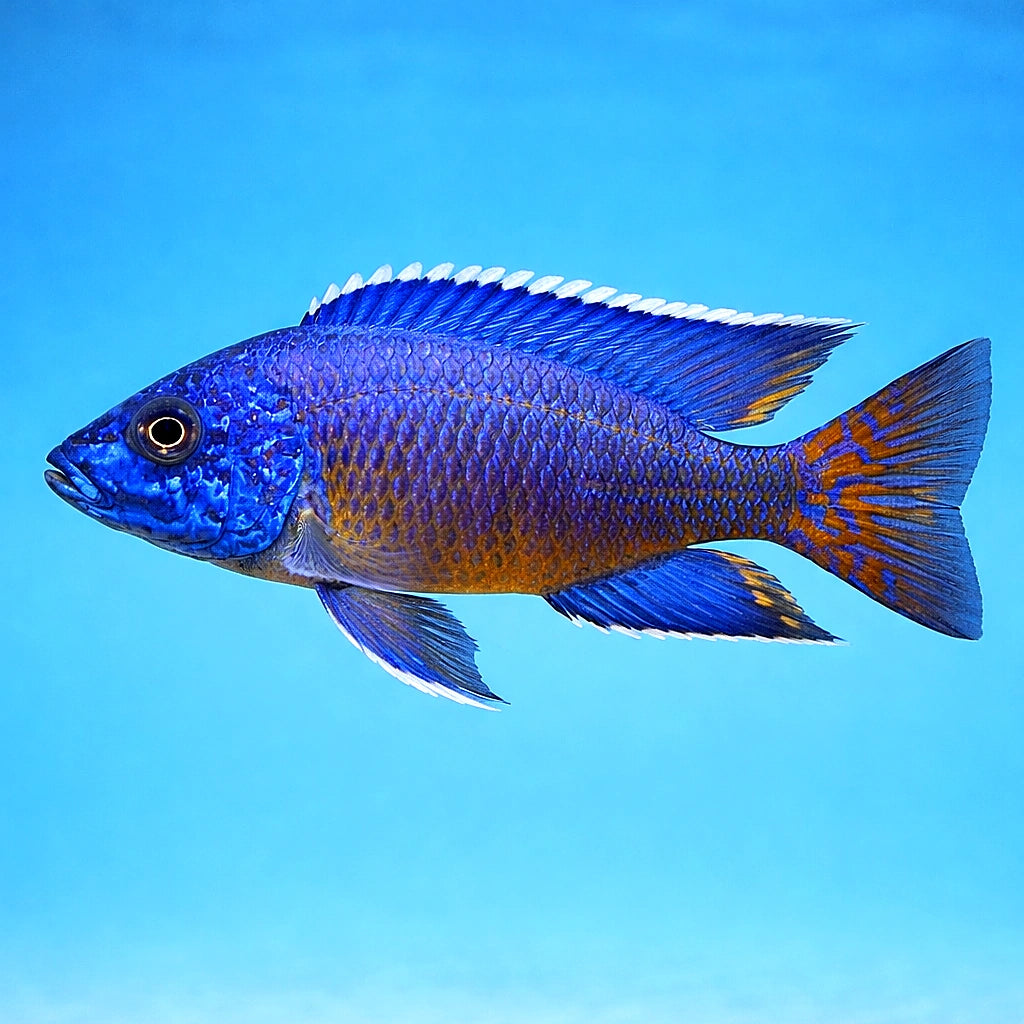 Flametail Peacock Cichlid (Aulonocara stuartgranti "Ngara") - UK (Aulonocara stuartgranti) — Bright Flametail Peacock — side…