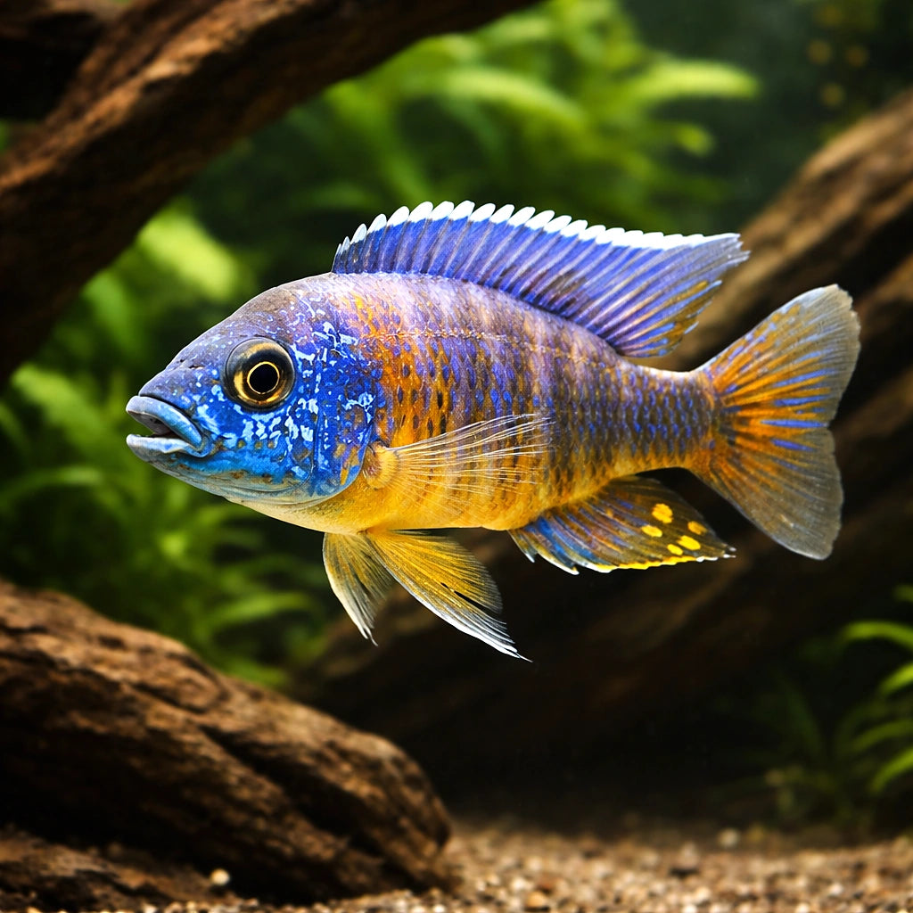 African Peacock — Fort Maguire Peacock Cichlid - UK (Aulonocara hansbaenschi) — A vibrant Fort Maguire Peacock Cichlid ideal…