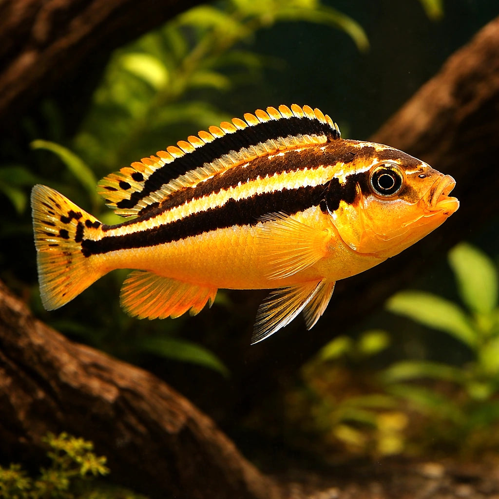 Nyasa Golden Cichlid, Aurat — Golden Mbuna Cichlid - UK (Melanochromis auratus) — Bright and active Golden Mbuna Cichlid…