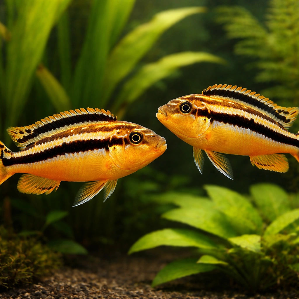 Nyasa Golden Cichlid, Aurat — Golden Mbuna Cichlid - UK (Melanochromis auratus) — Bright and active Golden Mbuna Cichlid…