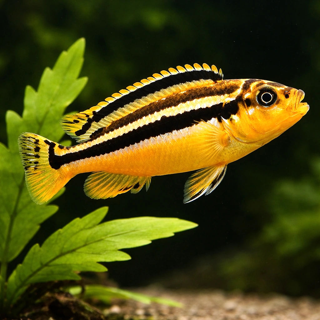 Nyasa Golden Cichlid, Aurat — Golden Mbuna Cichlid - UK (Melanochromis auratus) — Bright and active Golden Mbuna Cichlid…