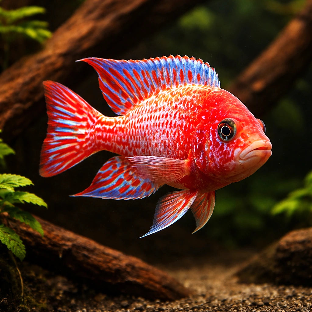 Red Dragon Peacock Cichlid (Aulonocara sp.) - UK (Aulonocara sp. 'Red Dragon') — A vivid Red Dragon Peacock Cichlid with…