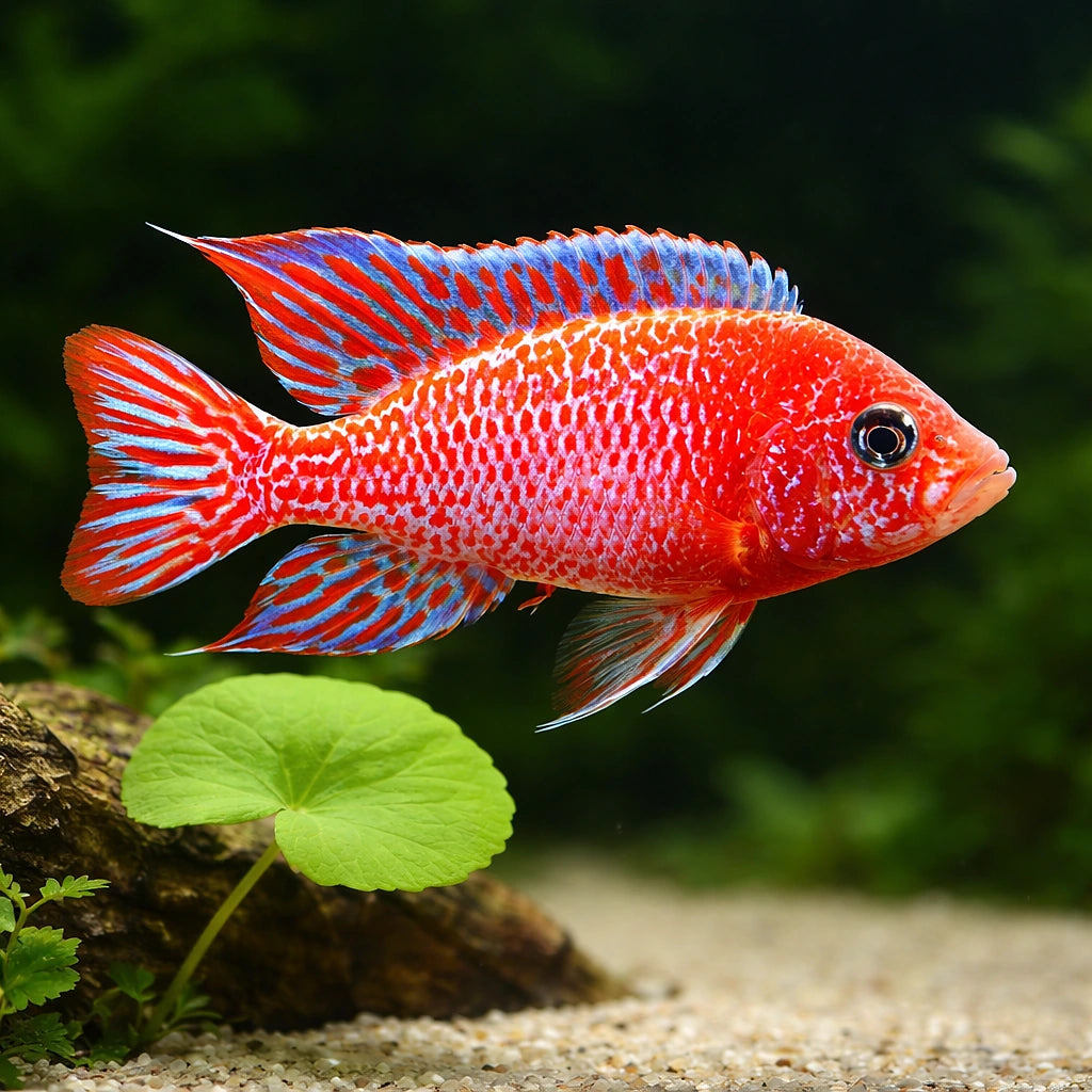 Red Dragon Peacock Cichlid (Aulonocara sp.) - UK (Aulonocara sp. 'Red Dragon') — A vivid Red Dragon Peacock Cichlid with…