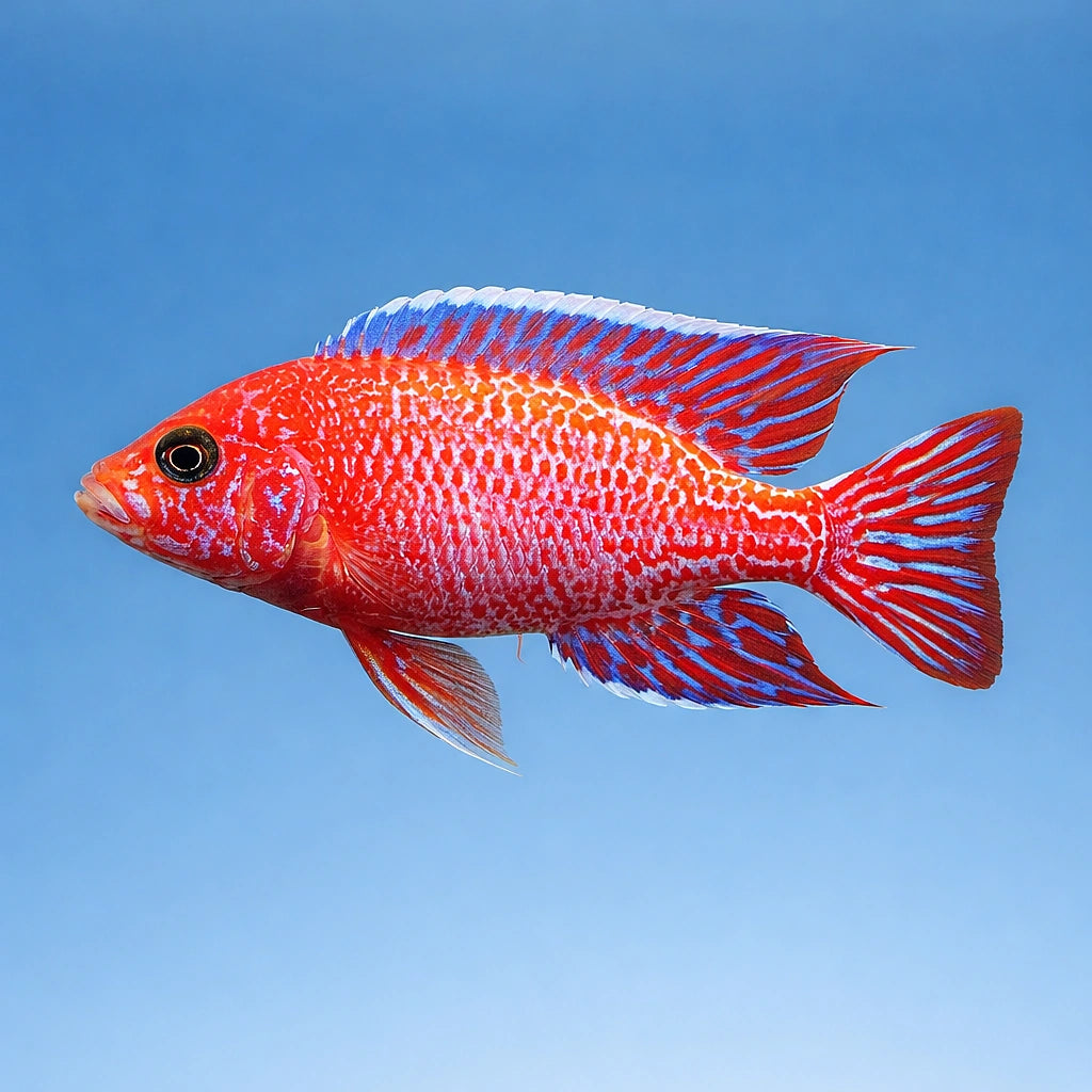 Red Dragon Peacock Cichlid (Aulonocara sp.) - UK (Aulonocara sp. 'Red Dragon') — A vivid Red Dragon Peacock Cichlid with…