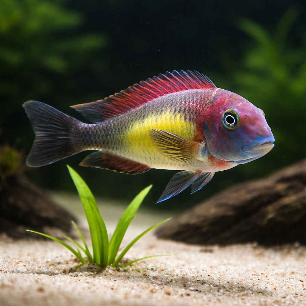 Red Rainbow Blunthead Cichlid - UK (Tropheus moorii) — A striking Red Rainbow Blunthead Cichlid with bold colour and — scale…
