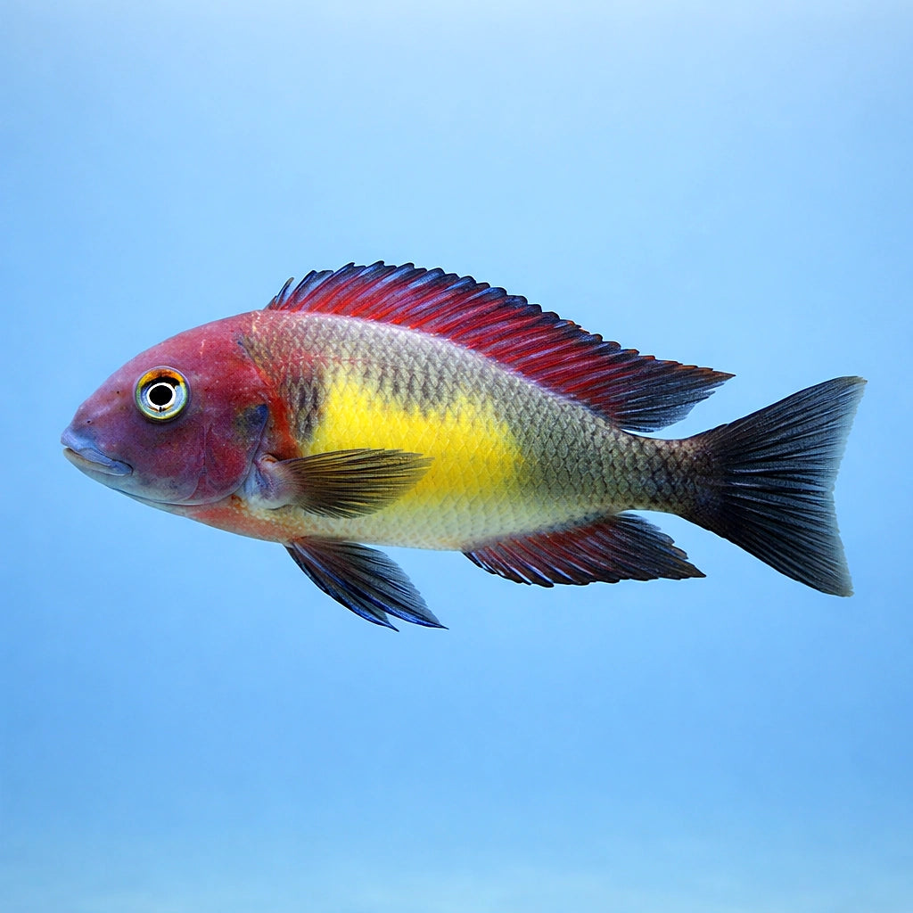 Red Rainbow Blunthead Cichlid - UK (Tropheus moorii) — A striking Red Rainbow Blunthead Cichlid with bold colour and — side…