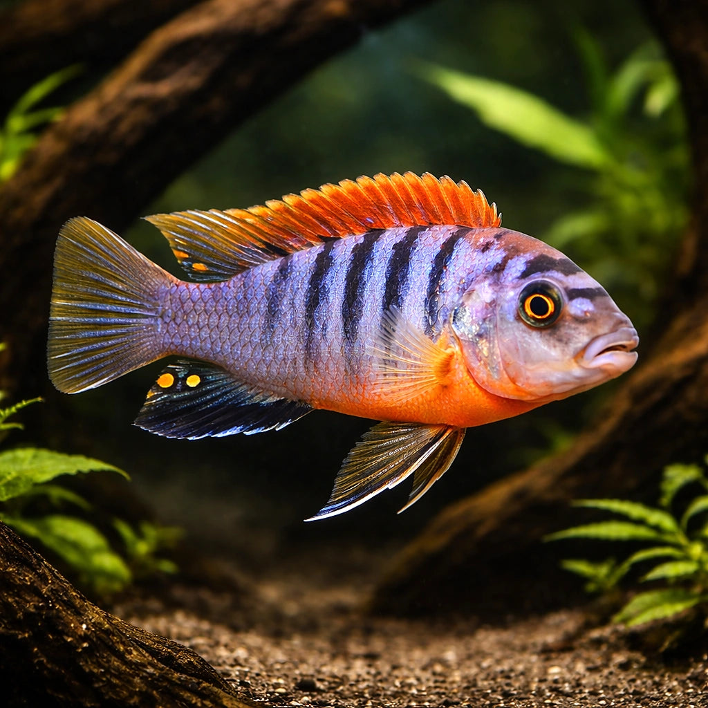 Red Top Hongi Cichlid - UK (Labidochromis sp. Hongi) — Add bold Malawi colour with the Red Top Hongi Cichlid — hero driftwood