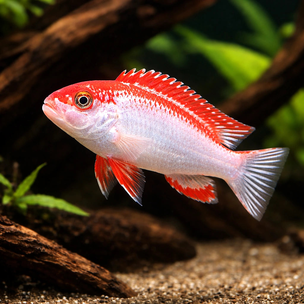 Red Top Ndumbi Cichlid - UK (Pseudotropheus perspicax) — Striking Red Top Ndumbi Cichlid with bold colour and classic — hero…