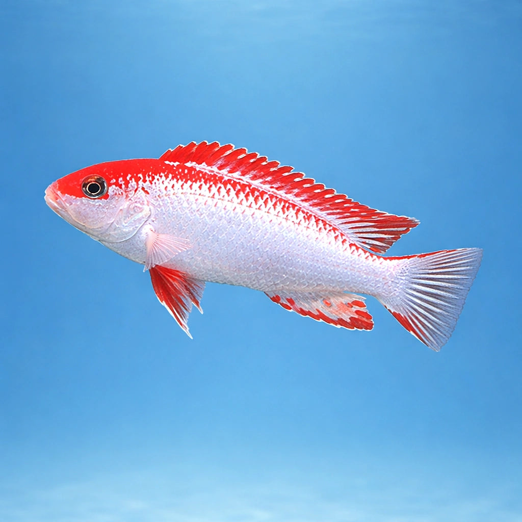 Red Top Ndumbi Cichlid - UK (Pseudotropheus perspicax) — Striking Red Top Ndumbi Cichlid with bold colour and classic — side…