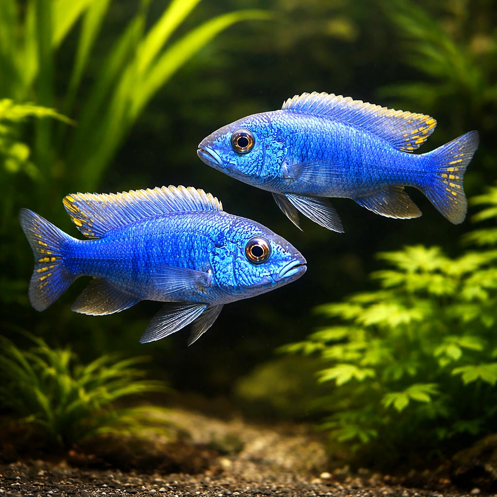 Sciaenochromis fryeri (Electric Blue Hap) - UK (Sciaenochromis fryeri) — A vivid Electric Blue Hap cichlid with bold colour…