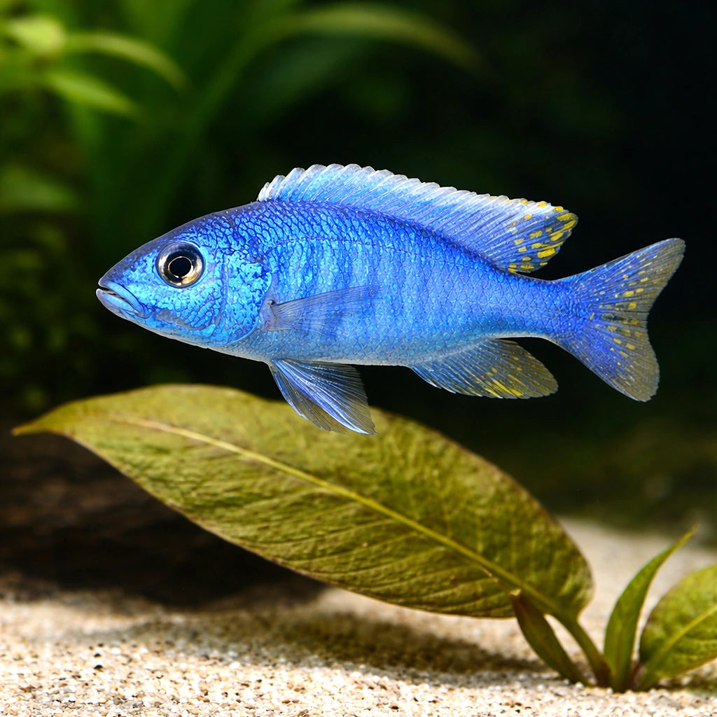 Sciaenochromis fryeri (Electric Blue Hap) - UK (Sciaenochromis fryeri) — A vivid Electric Blue Hap cichlid with bold colour…