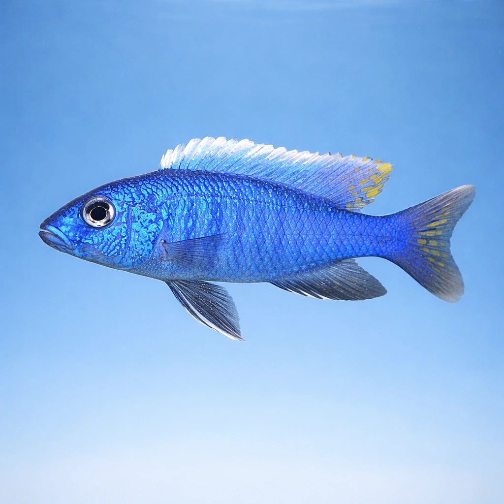 Sciaenochromis fryeri (Electric Blue Hap) - UK (Sciaenochromis fryeri) — A vivid Electric Blue Hap cichlid with bold colour…