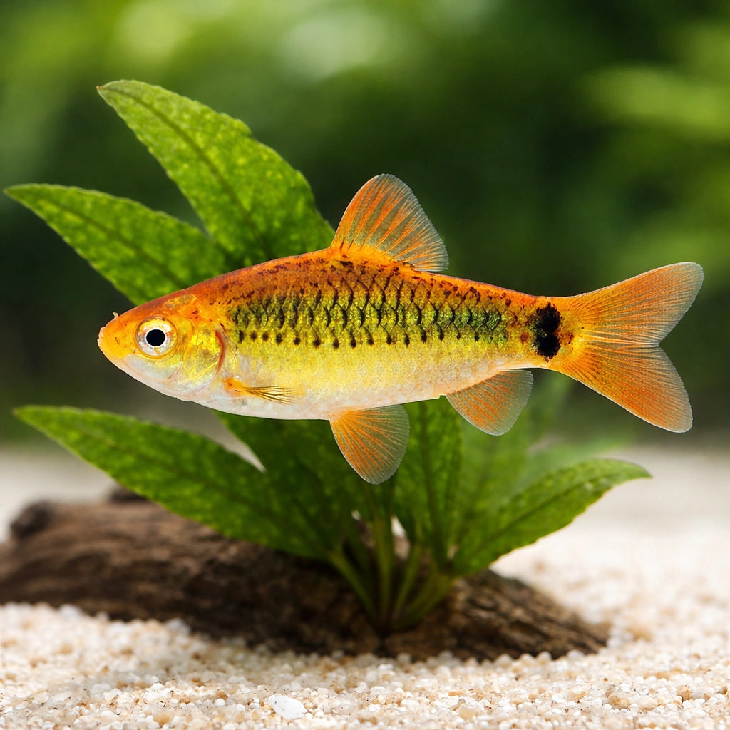Neon Golden Barb - UK (Barbodes semifasciolatus) — Add vibrant colour with X Neon Golden Barb, a lively peaceful shoaling…