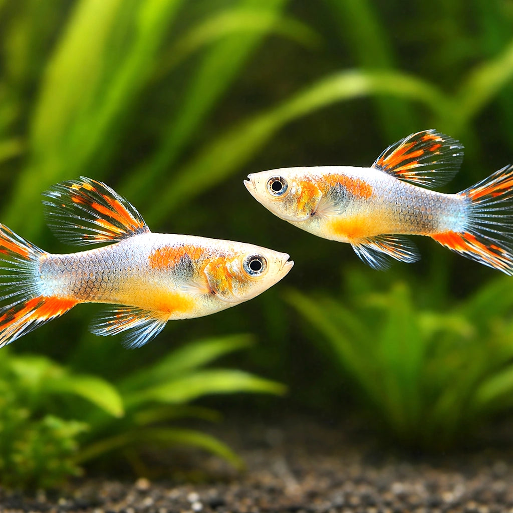 Female Guppy — X Gold Dwarf Guppy Males (Poecilia reticulata x wingei) - UK (Poecilia reticulata) — Add rare Gold Dwarf…