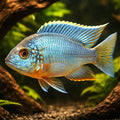 Turquoise Peacock Cichlid — tropical fish for sale UK — AI hero driftwood view