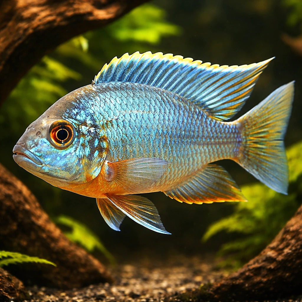 Turquoise Peacock Cichlid — tropical fish for sale UK — AI hero driftwood view