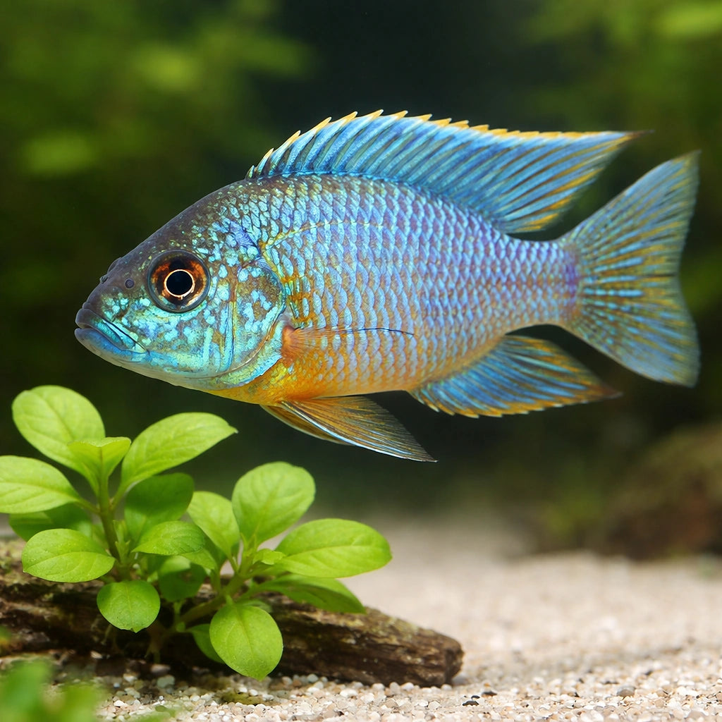 Turquoise Peacock Cichlid — tropical fish for sale UK — AI scale plant view