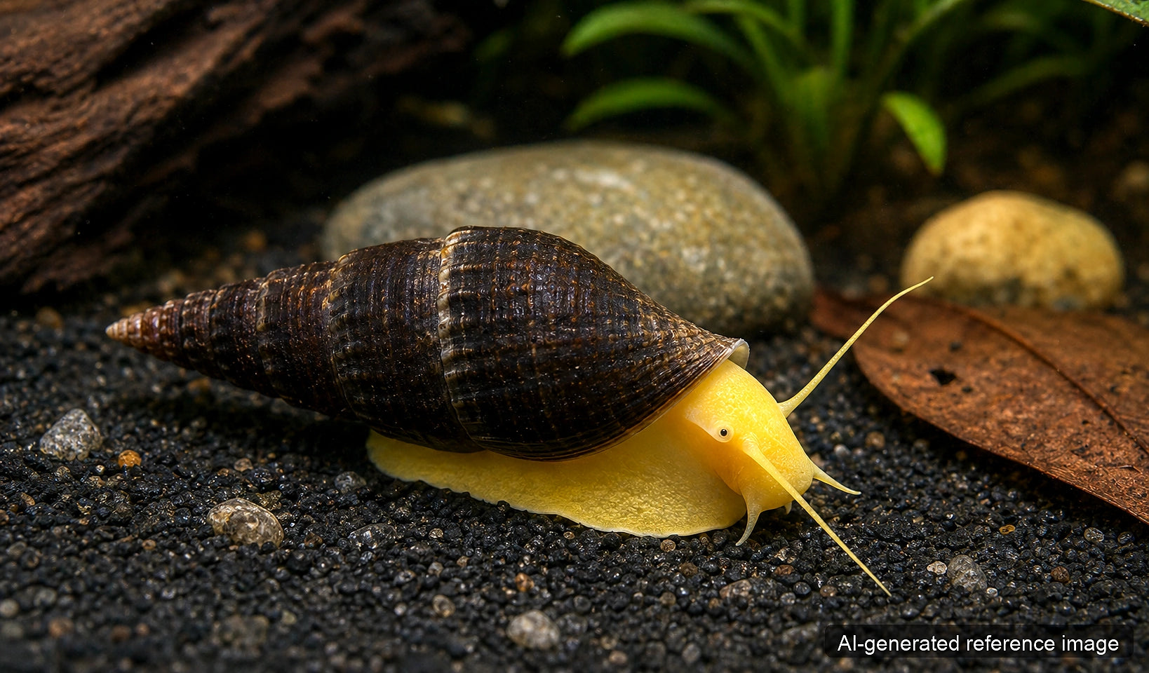 Yellow Rabbit Snail Tylomelania sp. with dark conical shell and yellow body - AI-generated reference image