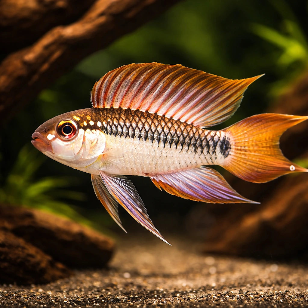Uapesi Dwarf Cichlid Sao Gabriel — tropical fish for sale UK — AI hero driftwood view