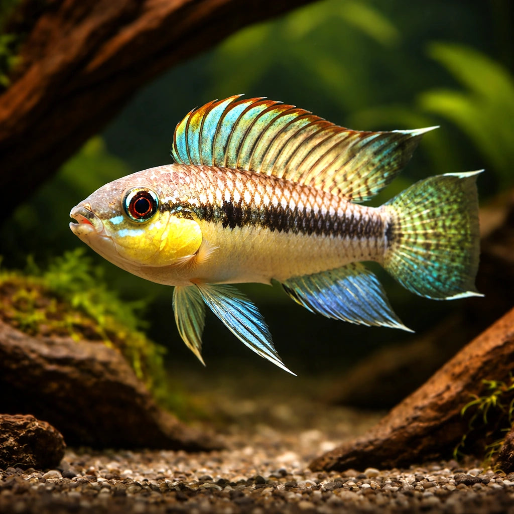 Uapesi Dwarf Cichlid urubaxi — tropical fish for sale UK — AI hero driftwood view