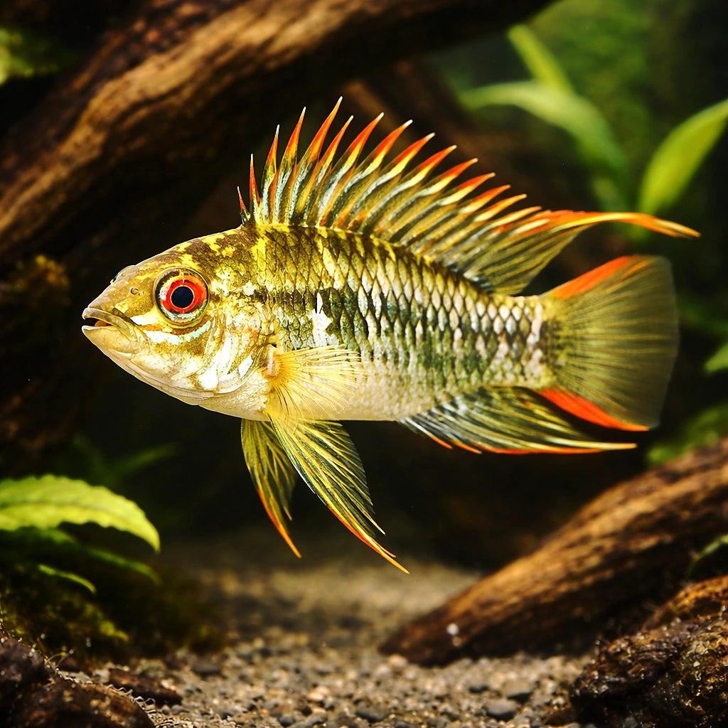 Veijia Dwarf Cichlid — tropical fish for sale UK — AI hero driftwood view