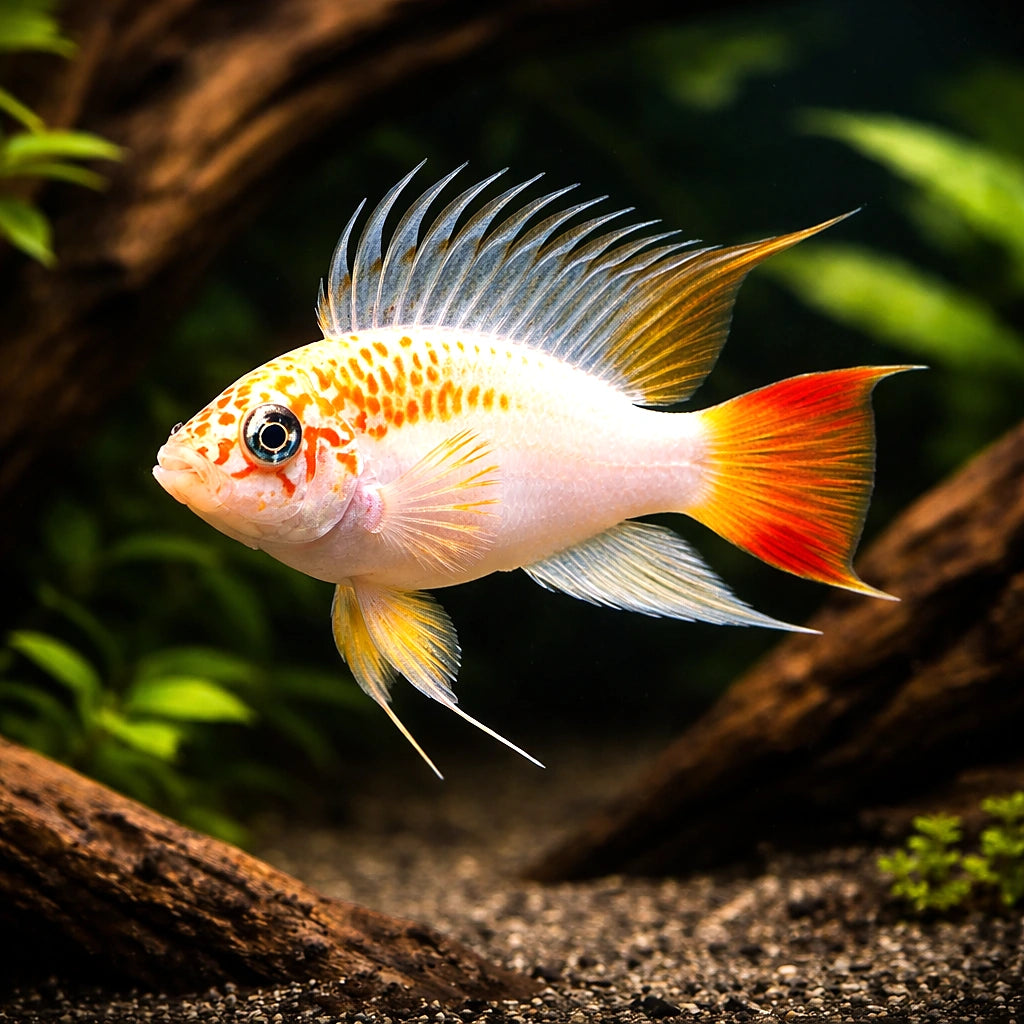 Veijia Dwarf Cichlid gold (Apistogramma sp. viejeta gold) - Cichlid Fish for Sale UK — AI hero driftwood view