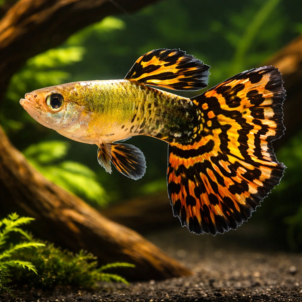 Vibrant Male Tiger Guppy - Perfect for UK Aquariums — tropical fish for sale UK — AI hero driftwood view