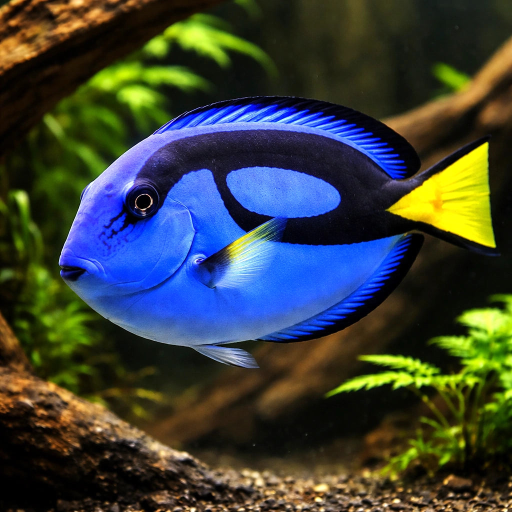 Vibrant Paracanthurus Hepatus Surgeon Fish for UK — tropical fish for sale UK — AI hero driftwood view
