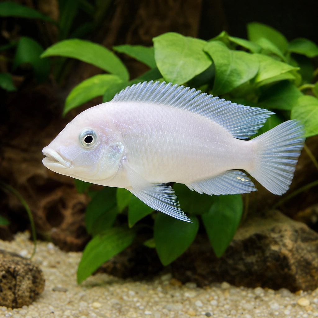 White Dolphin Cichlid (Cyrtocara moorii) — AI natural aquarium view