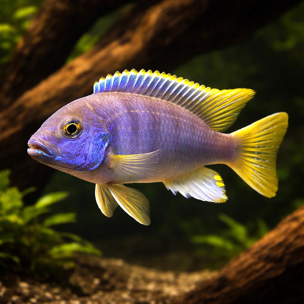 White-Tail Acei (Pseudotropheus acei) - Cichlid Fish for Sale UK — AI hero driftwood view