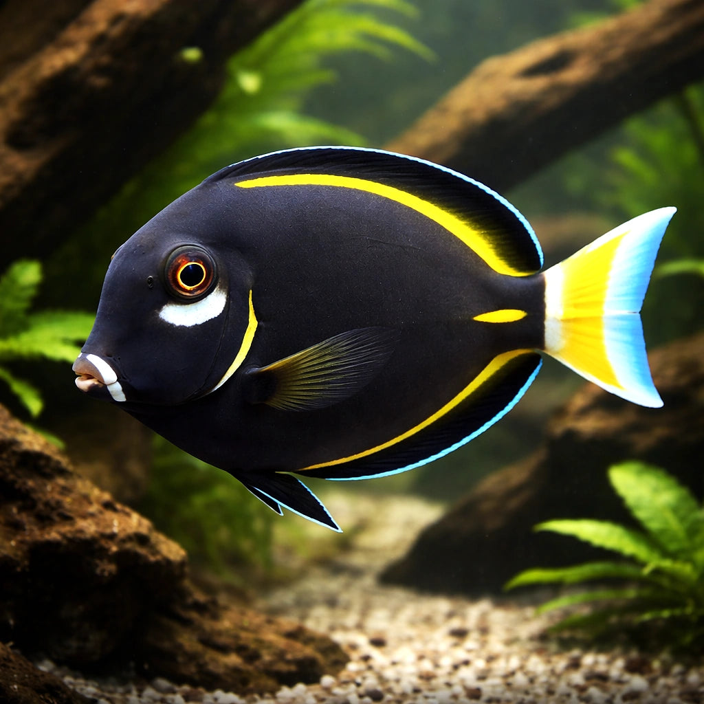 Whitecheek Surgeonfish M — tropical fish for sale UK — AI hero driftwood view