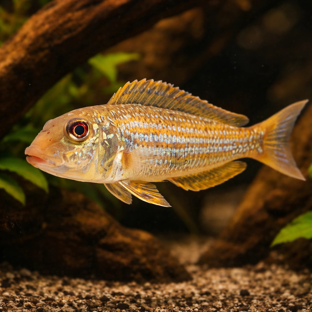 Xenotilapia ochrogenys \"ndole\" 4 - — tropical fish for sale UK — AI hero driftwood view