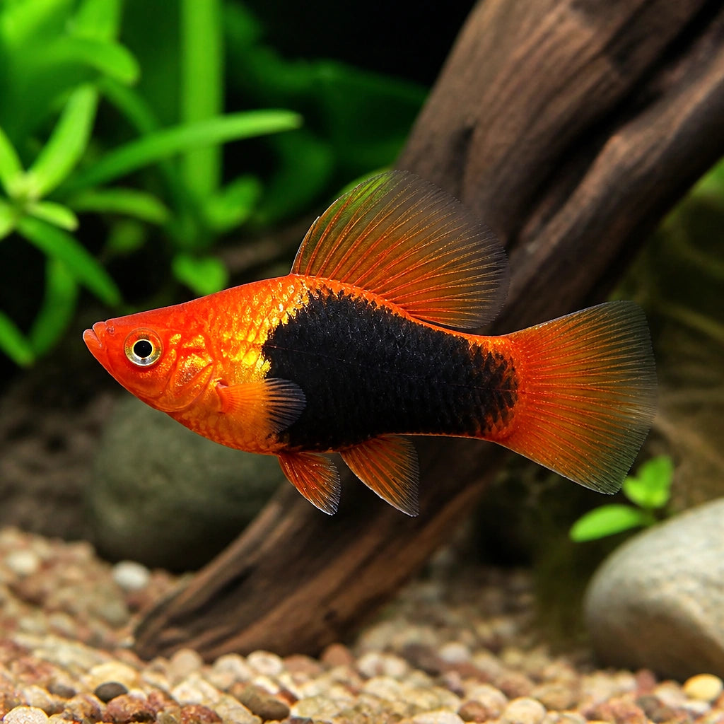 Gold Red Tuxedo Hi-Fin Platy — tropical fish for sale UK — AI natural aquarium view