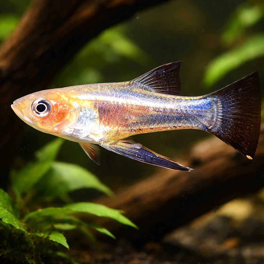 Yellow Belly, Sickle Girard — tropical fish for sale UK — AI hero driftwood view