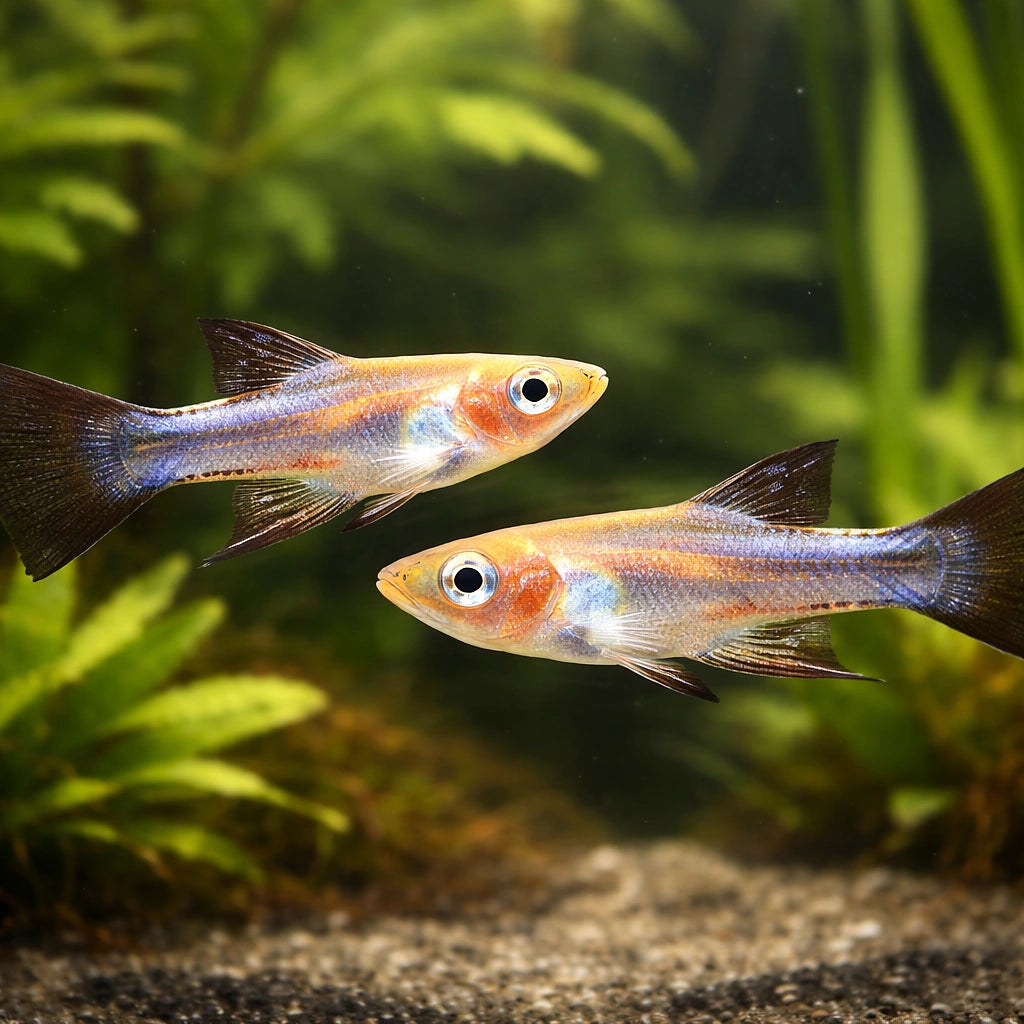 Yellow Belly, Sickle Girard — tropical fish for sale UK — AI pair planted view