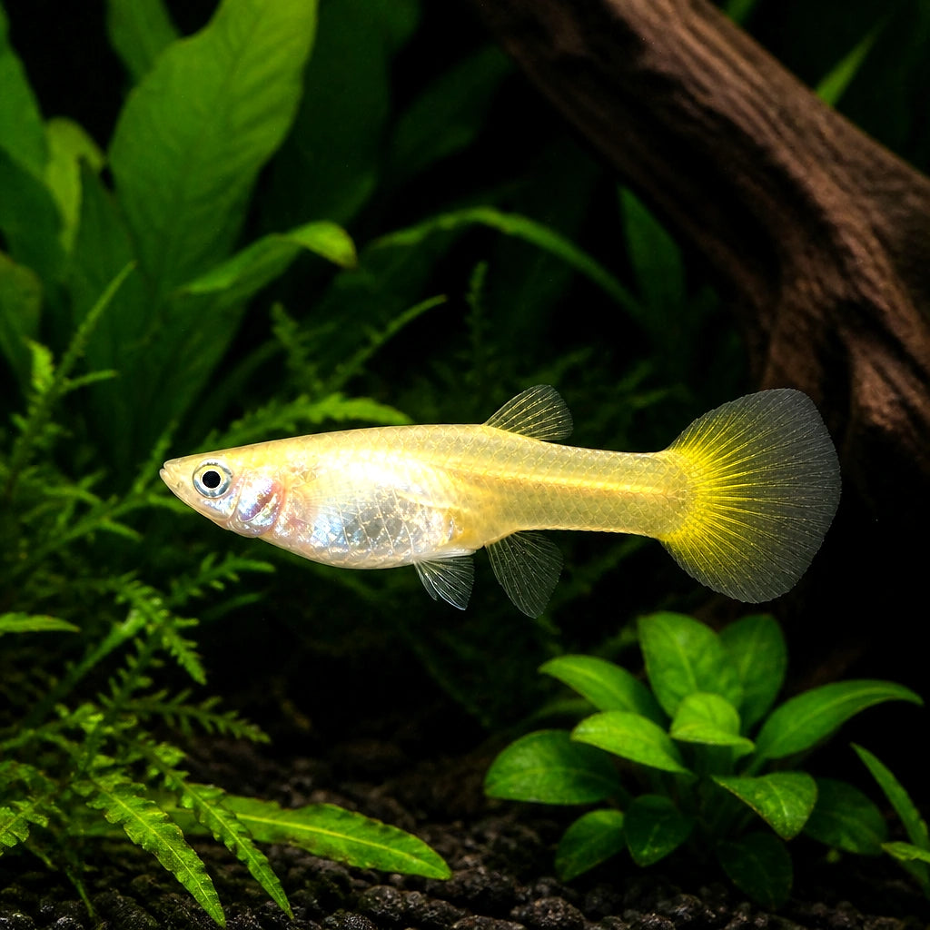 Yellow Female Guppy — tropical fish for sale UK — AI natural aquarium view