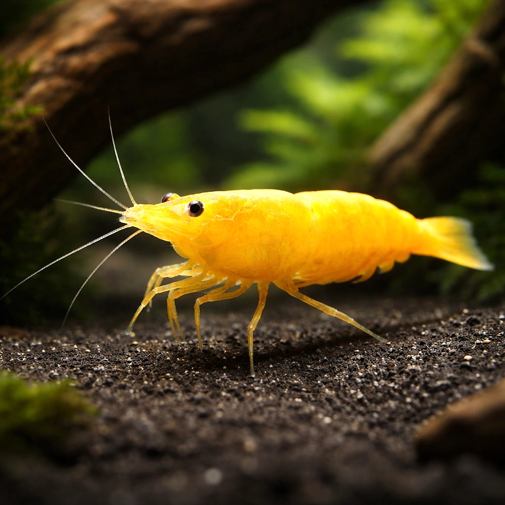 Yellow Fire Shrimp (Neocaridina davidi) — AI hero driftwood view