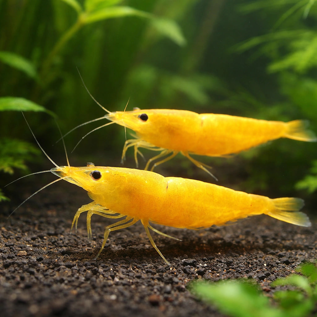 Yellow Fire Shrimp (Neocaridina davidi) — AI pair planted view