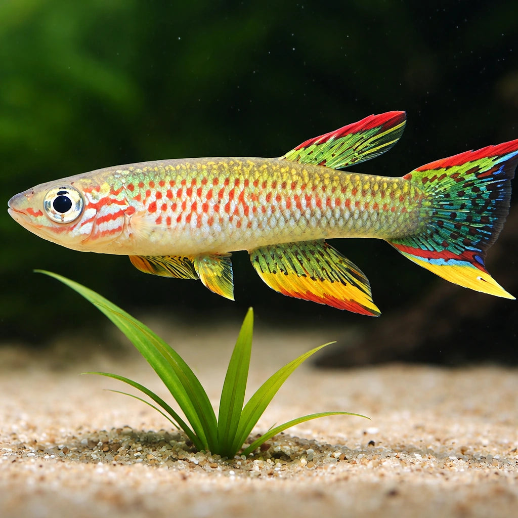 Yellow-Green Killie, Gabon — tropical fish for sale UK — AI scale plant view
