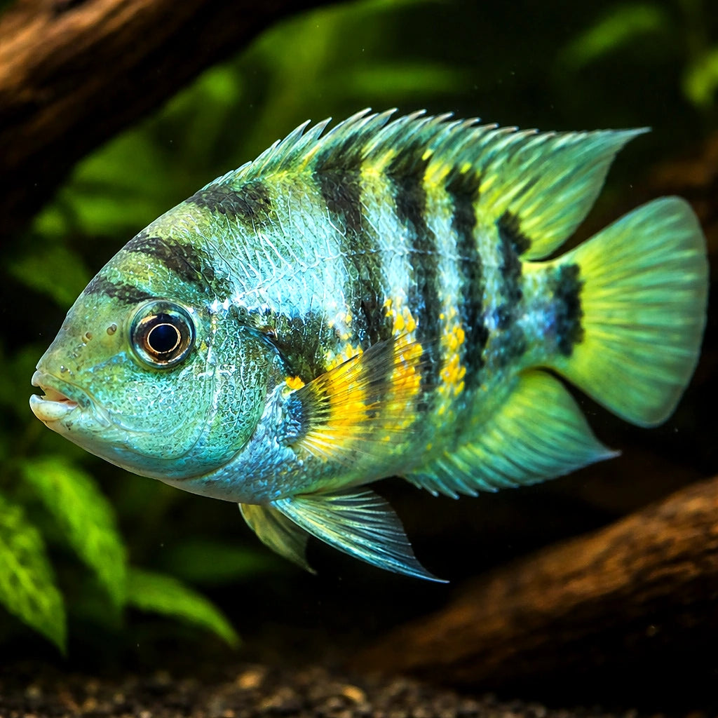Zebra Cichlid — tropical fish for sale UK — AI hero driftwood view