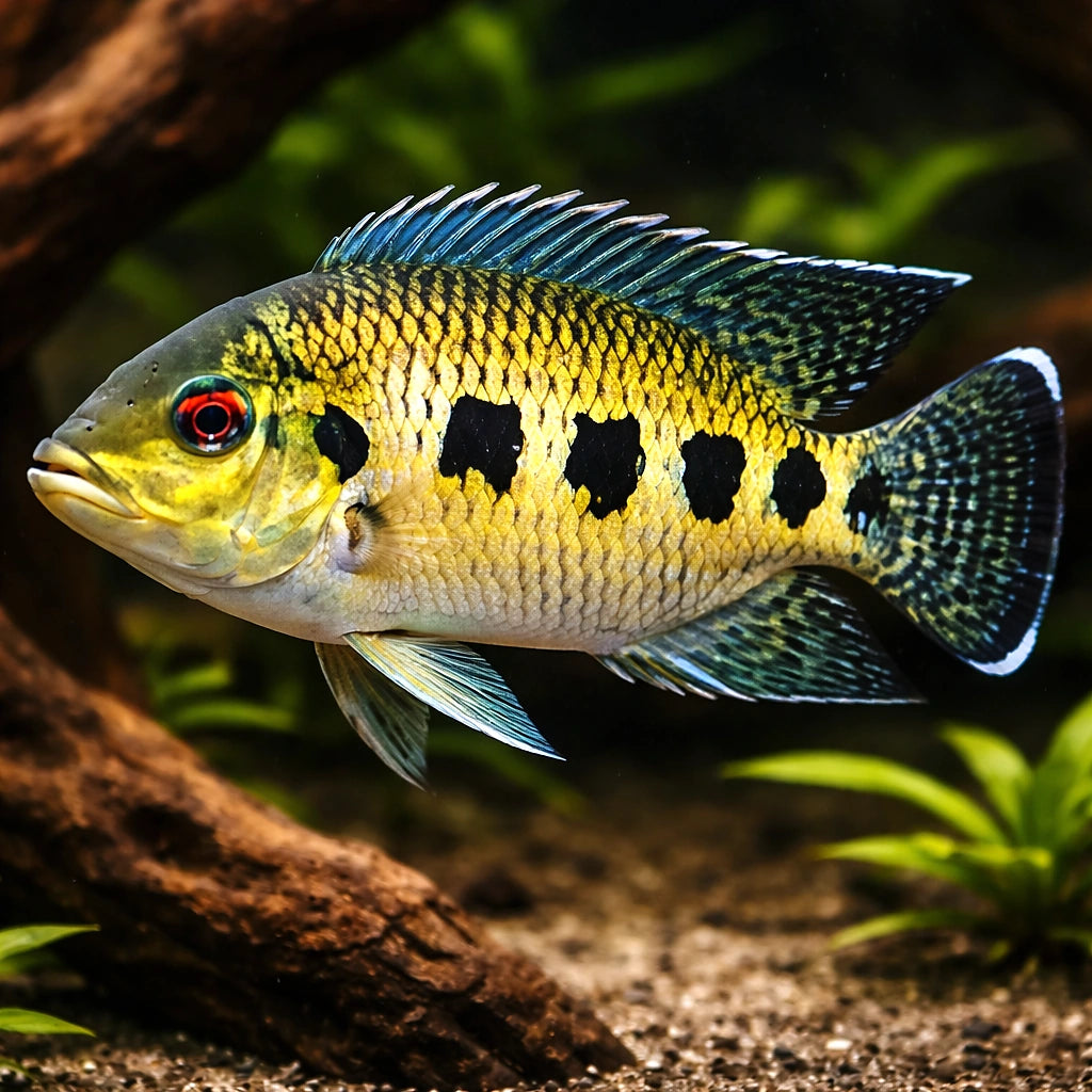 Zebra Cichlid, Tiger Cichli — tropical fish for sale UK — AI hero driftwood view