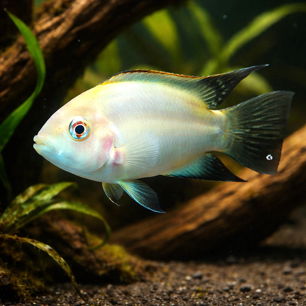 Zebra Cichlid xant. — tropical fish for sale UK — AI hero driftwood view