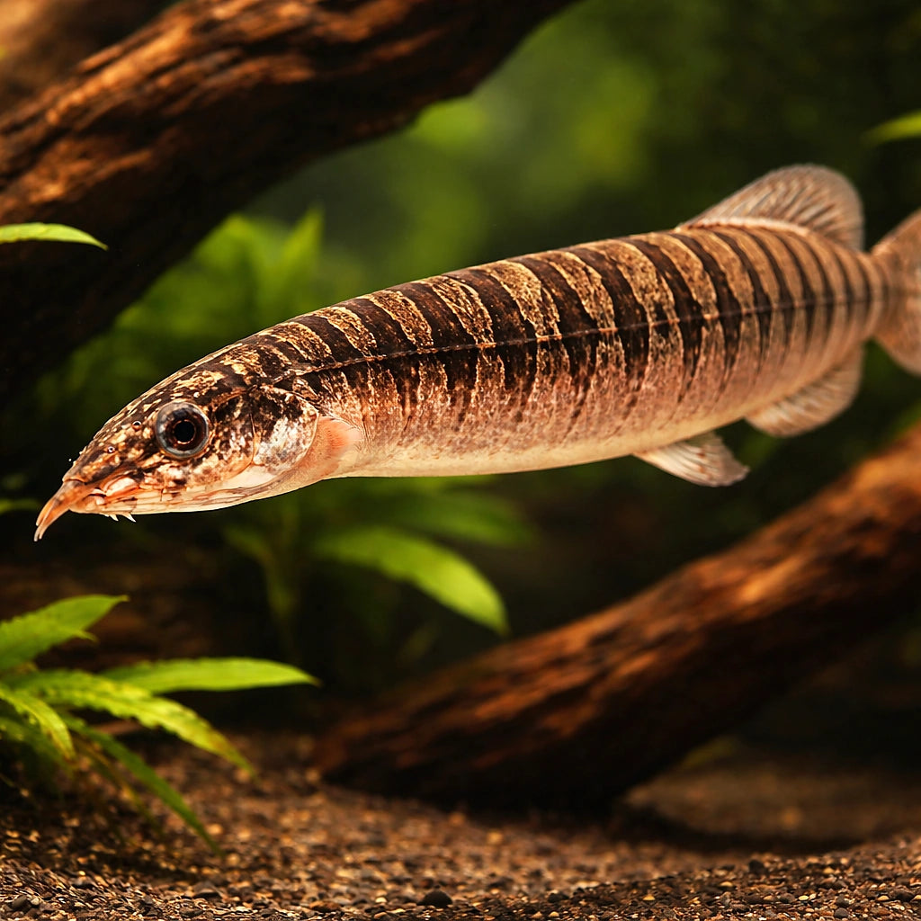 Zebra Spiny Eel — tropical fish for sale UK — AI hero driftwood view