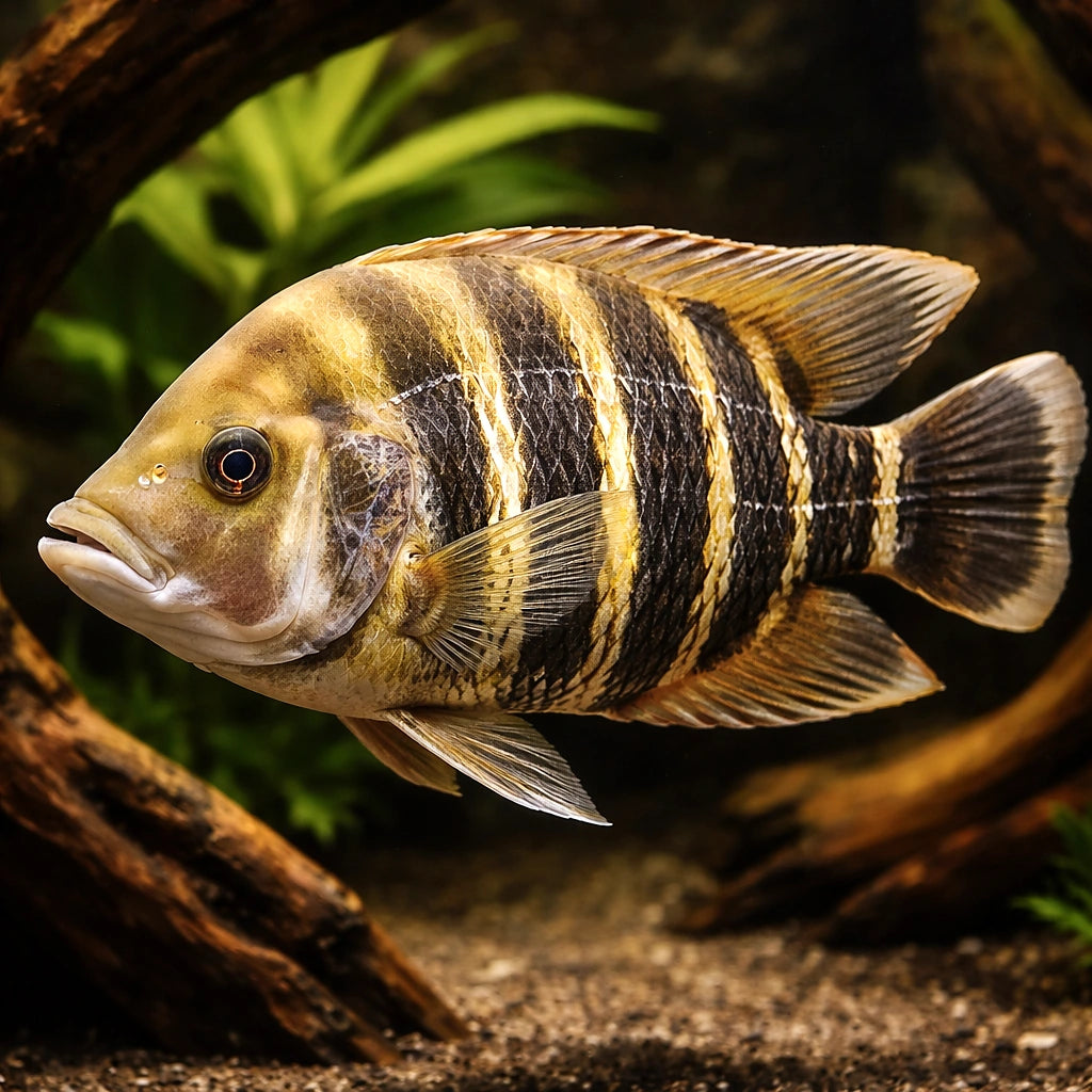 Zebra Tilapia — tropical fish for sale UK — AI hero driftwood view