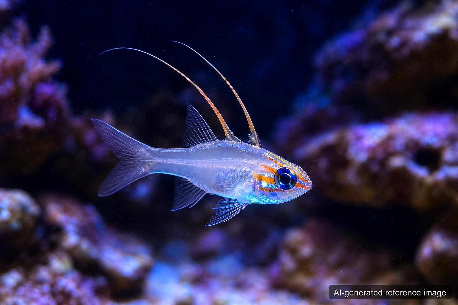 Zoramia leptacantha Longspine Cardinalfish with translucent body and blue eye highlights - AI-generated reference image